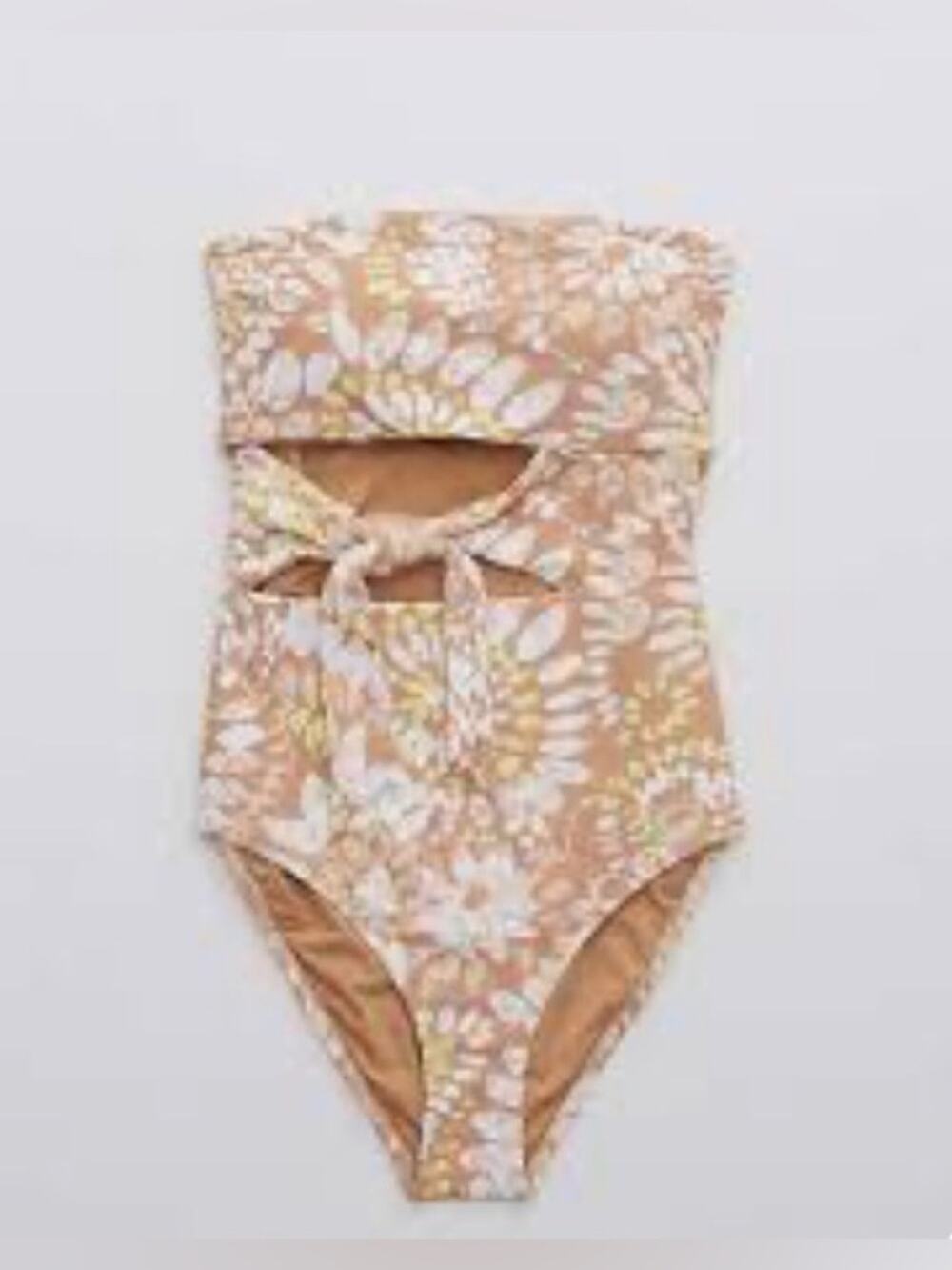 AERIE strapless Floral Cutout One-Piece floral tie waist vacation Swimsuit S